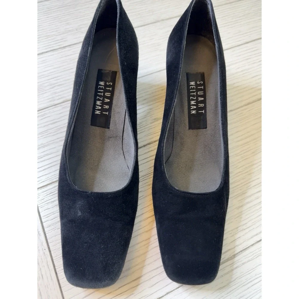 Stuart Weitzman VTG‎ 9 AA Blk Suede Block Heels Square Toe 2.5